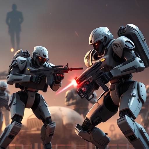 Screenshot from CyberStrike showing a futuristic soldier engaging in combat with robots.